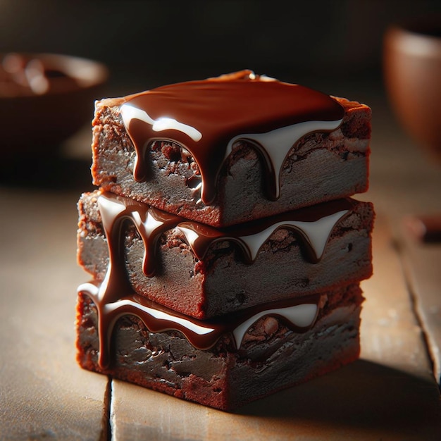 a stack of square cakes with white and brown frosting