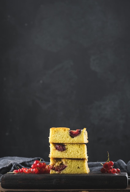 Stack of square slices of baked plum biscuit cakex9