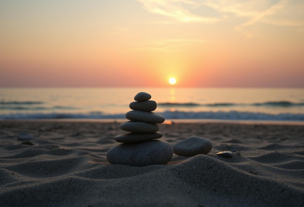 Photo a stack of stones on a beach with the sun setting behind them