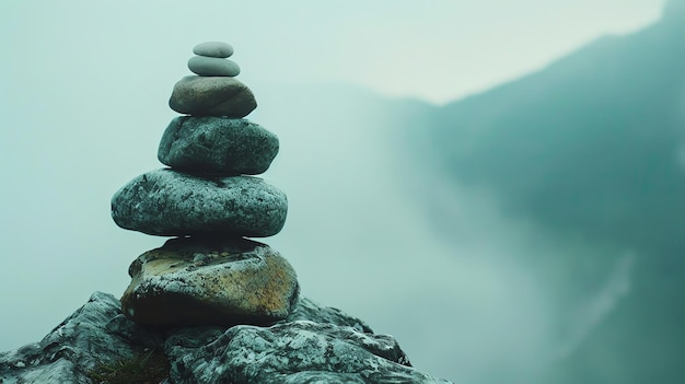 A stack of stones on a mountaintop with a misty background