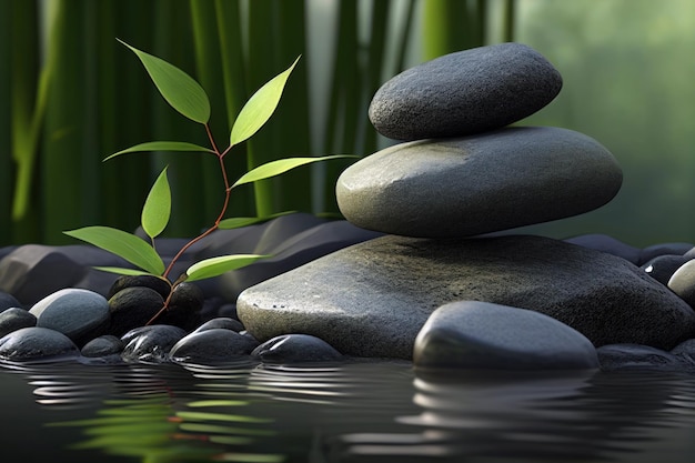 A stack of stones in a pond with a green plant in the background.