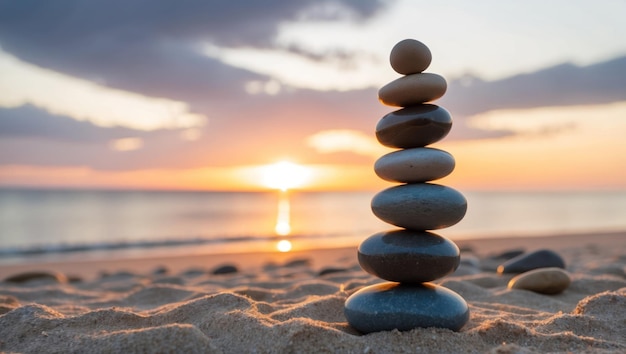 Photo a stack of stones at sunset on a serene beach symbolizing balance