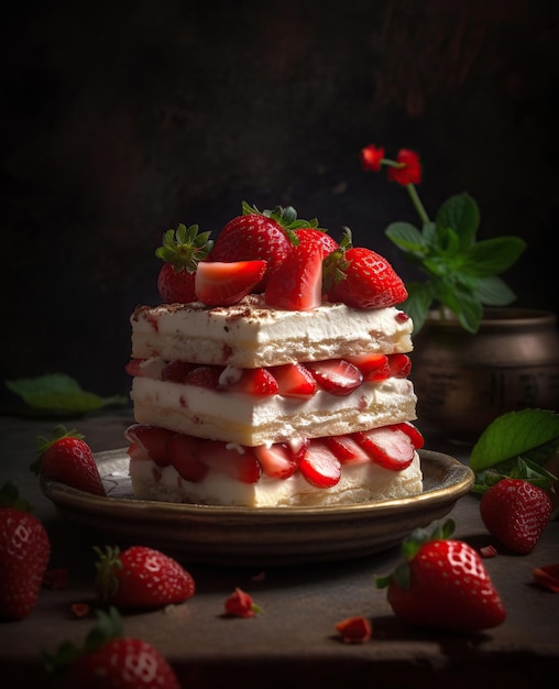 A stack of strawberries and cream ice cream cake with a black background.