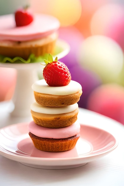 A stack of strawberry shortcakes with one strawberry on top.