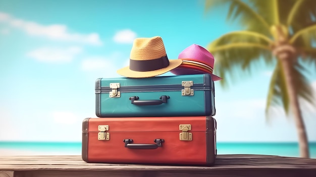 A stack of suitcases on a beach with a palm tree in the background