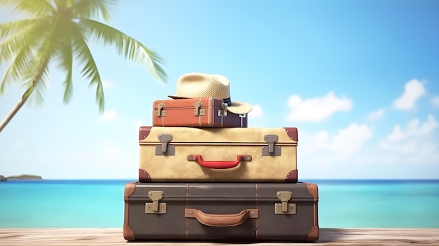 A stack of suitcases on a beach with a palm tree in the background