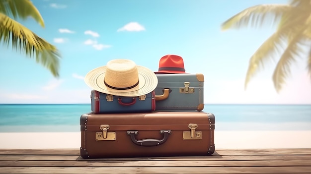 A stack of suitcases on a beach with a palm tree in the background.