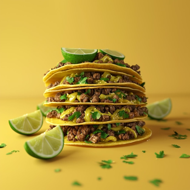 a stack of tacos with limes on top