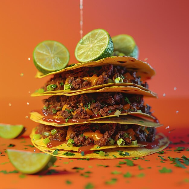 Photo a stack of tacos with limes on top