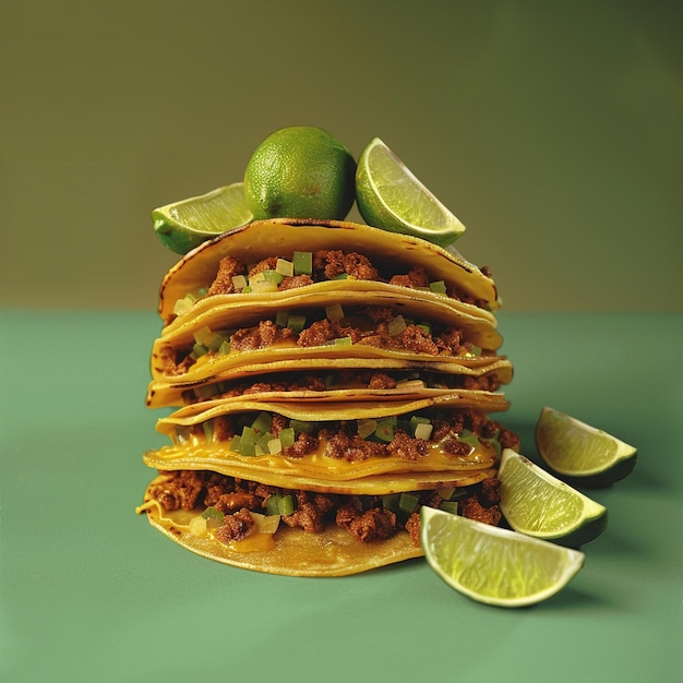 a stack of tacos with limes on top