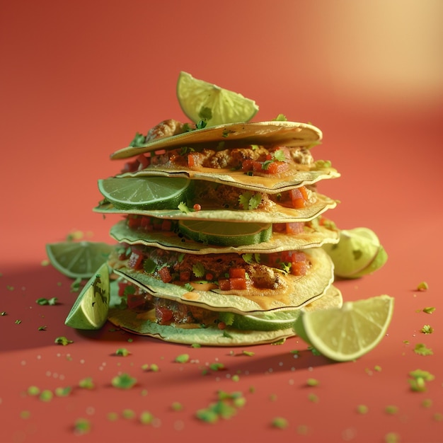 a stack of tacos with limes on top