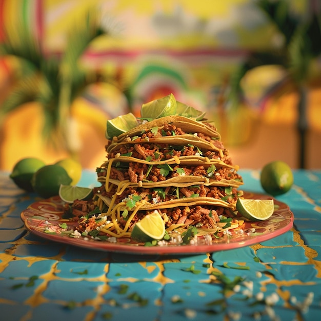 Photo a stack of tacos with limes on top