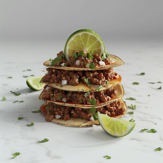 a stack of tacos with limes on top