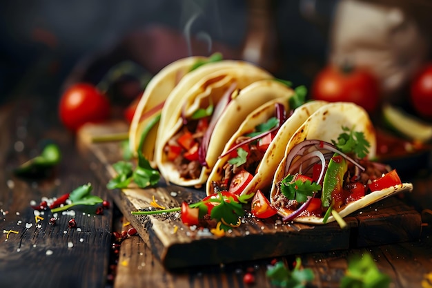 a stack of tacos with tomatoes and lettuce