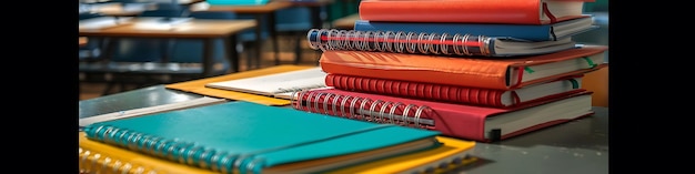 Stack of textbooks notebooks and stationery on a desk in an empty classroom