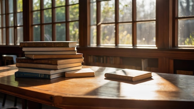 A stack of textbooks on a wooden desk in a quiet library perfect for studying and reading