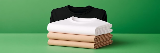 Photo a stack of three blank tshirts one black one white and one beige neatly folded and ready f