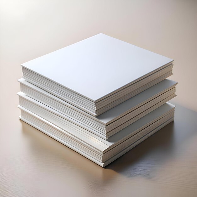 A stack of three blank white books on a light wood surface ready for your design or text