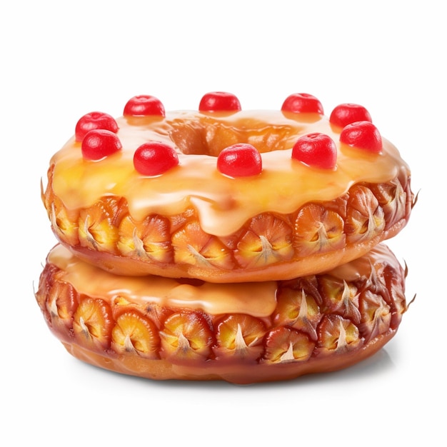 A stack of three donuts with a red cherry on top.