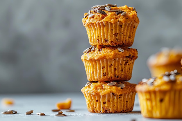 A stack of three orange pumpkin muffins with sunflower seeds on top against a gray background