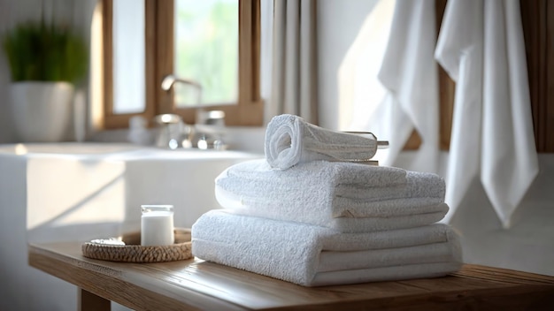 A stack of towels on a bathroom counter next to a candle.