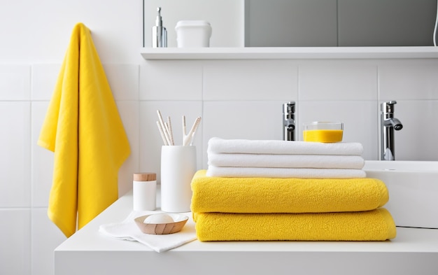 A stack of towels on a bathroom counter with a yellow towel.