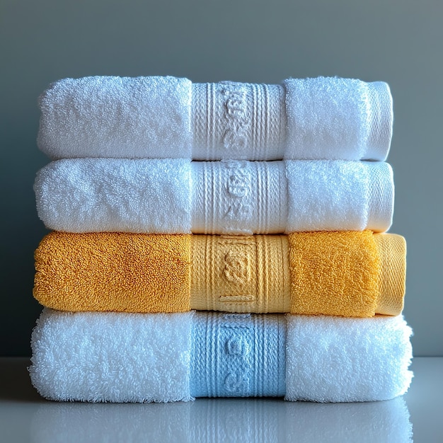 Photo stack of towels light blue white and yellow colors