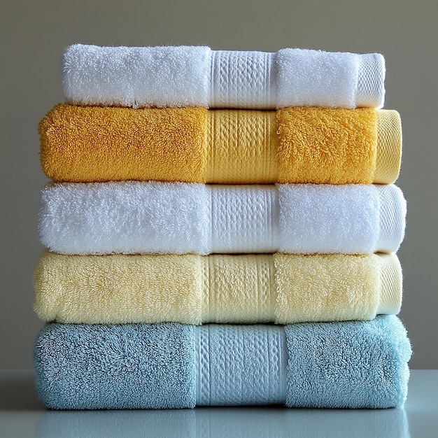 Photo stack of towels light blue white and yellow colors