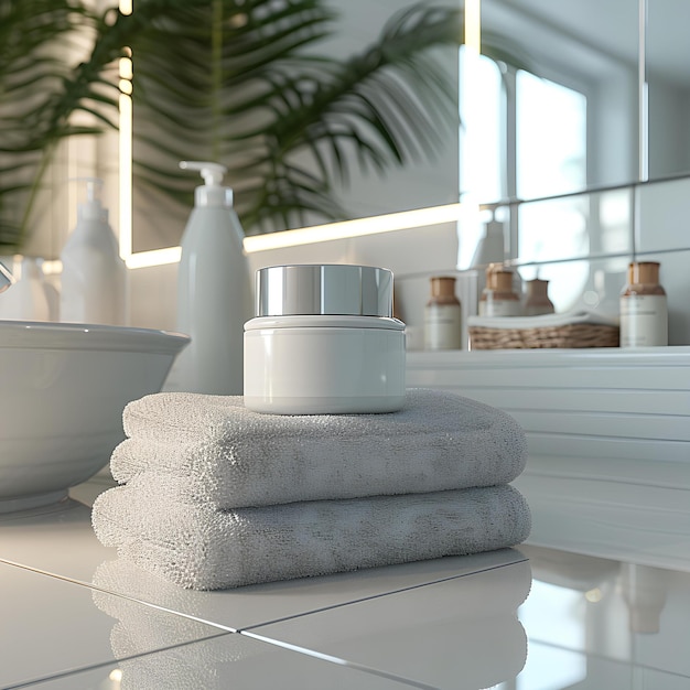 A stack of towels sitting on top of a white counter top next to a bowl of water and a mirror