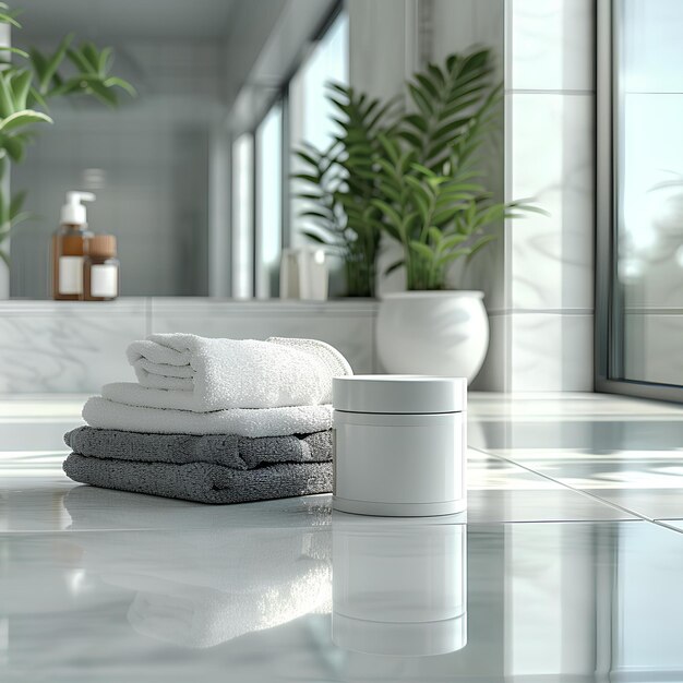 A stack of towels sitting on top of a white counter top next to a cup of coffee and a plant