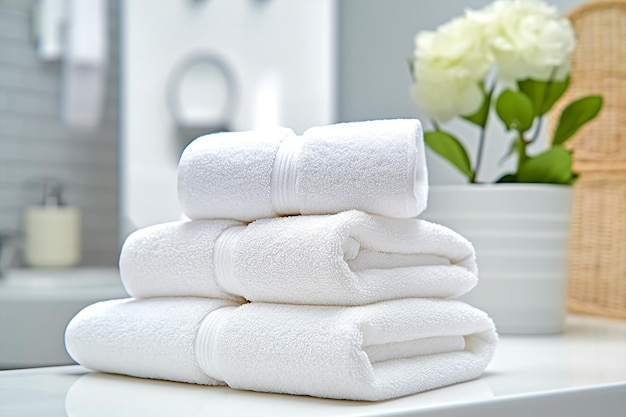 A stack of towels on a table in a hotel room.