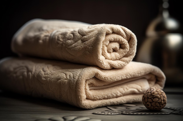 A stack of towels on a table with one of them folded in a pile