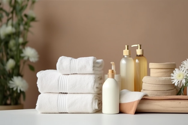 a stack of towels with a bottle of soap on top of it