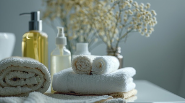 a stack of towels with flowers and a bottle of soap