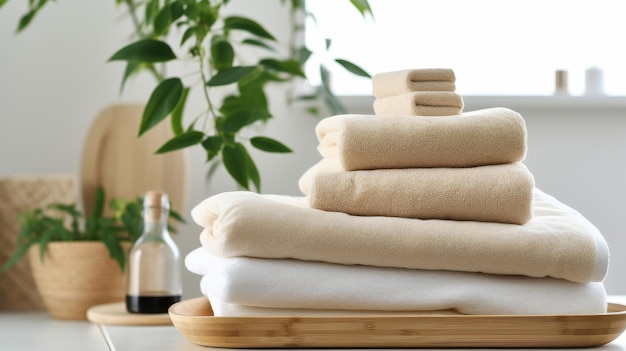 A stack of towels on a wooden tray with a potted plant in the background