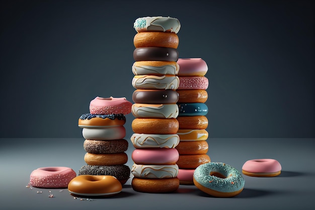 Stack or tower of tasty sweet different colored donuts