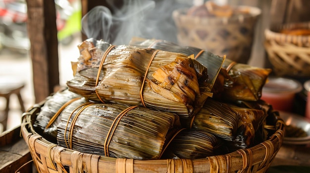 a stack of traditional rice wrapped in banana leaves