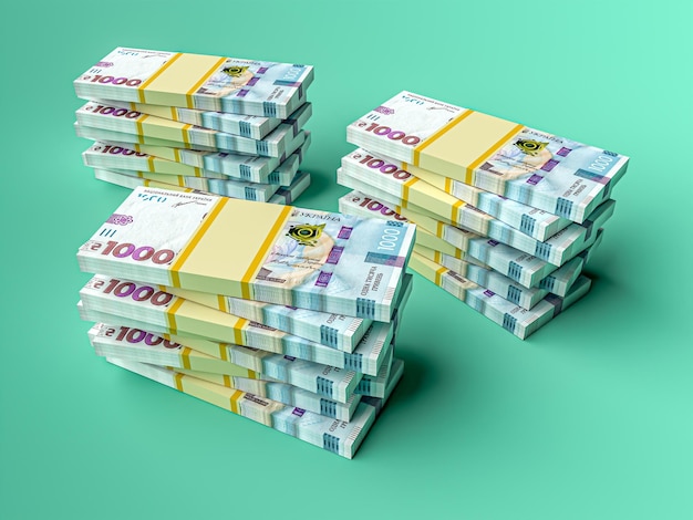 Stack of ukrainian money hryvnia grivna hryvna with 1000 banknotes Finance concept 3d rendering