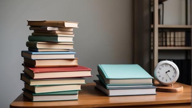 Stack of various books on wooden desk