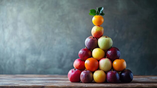 Photo stack of vibrant fresh fruits arranged in a pyramid set on a wooden table