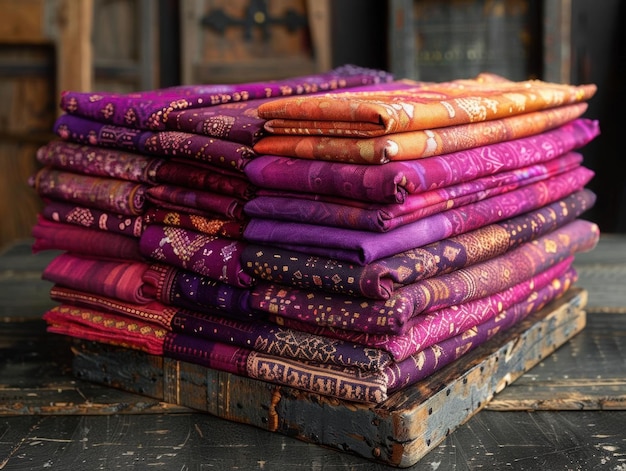 A Stack of Vibrant Purple and Gold Fabric