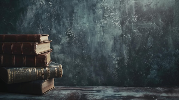 Stack of vintage books on rustic wooden table against textured dark background