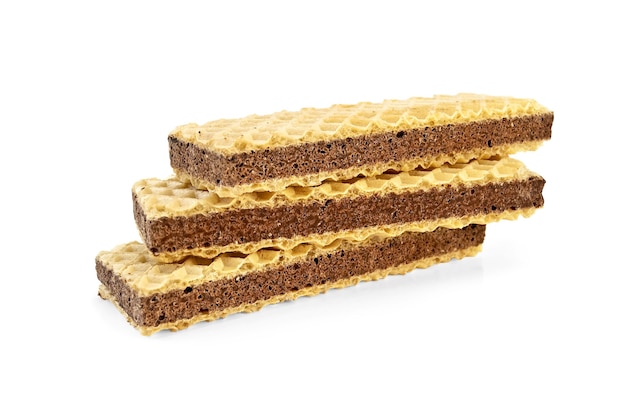 A stack of wafers filled with chocolate isolated on white background