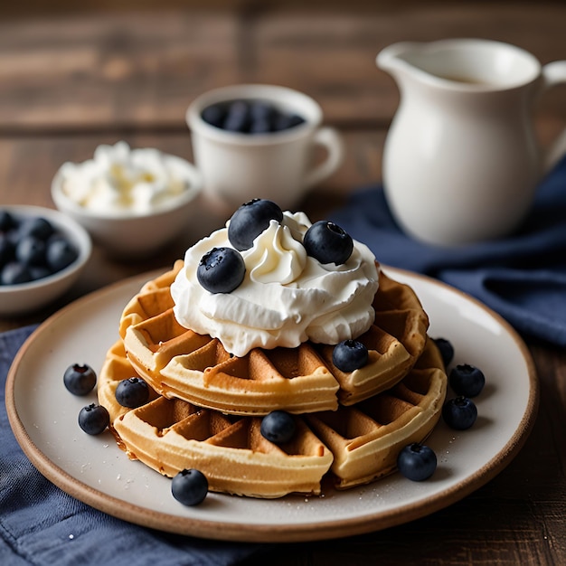 a stack of waffles with blueberries and cream on top of them