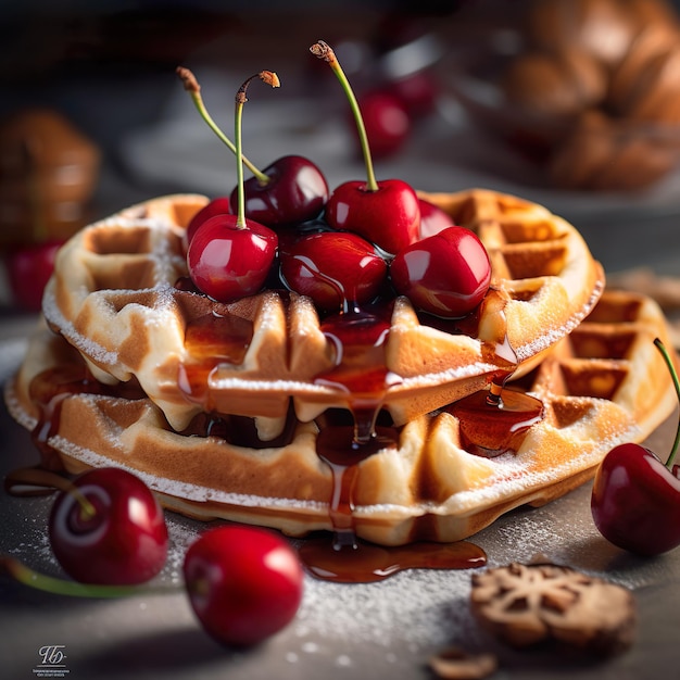 A stack of waffles with cherries on top of it.