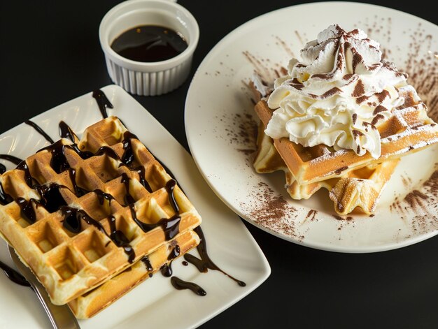 Photo a stack of waffles with chocolate syrup and syrup on them