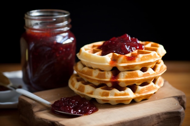 Photo a stack of waffles with jam and jam on top of them