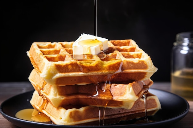 A stack of waffles with syrup being poured on top.