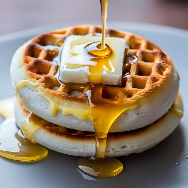 a stack of waffles with syrup pouring out of them