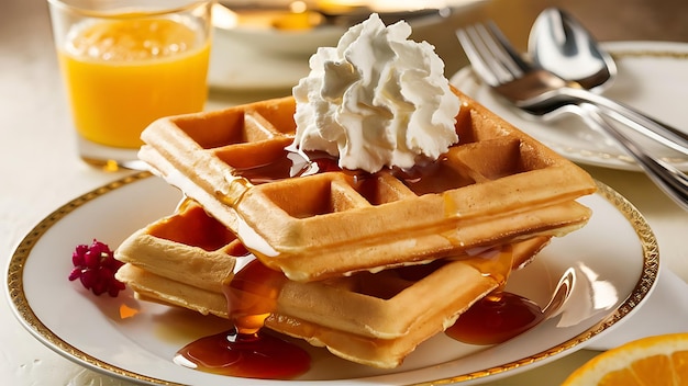 Photo a stack of waffles with syrup and syrup on a plate